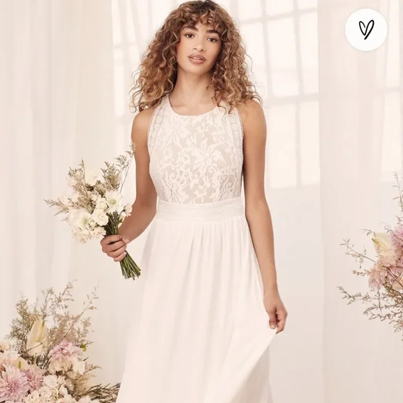 Lulu's ivory nude lace chiffon maxi dress medium *D4 - Picture 2 of 12